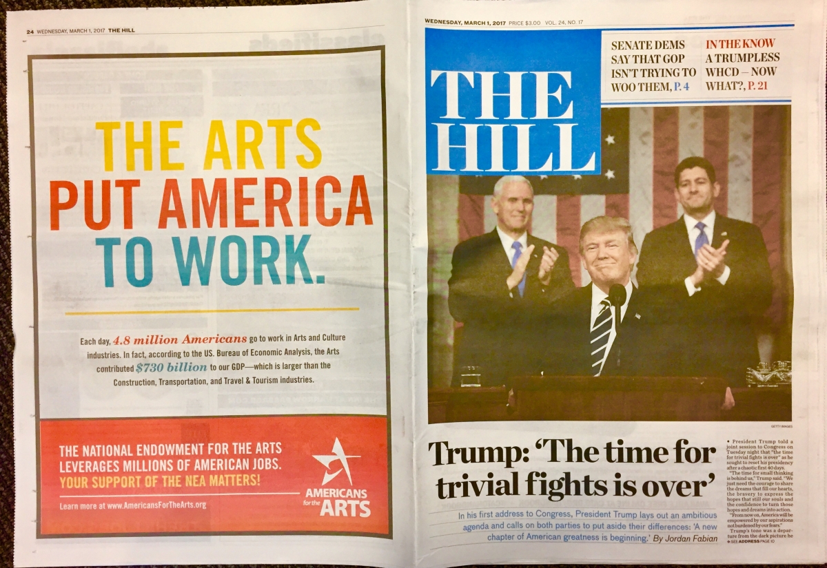 The prominent back page of The Hill the day after the President’s first speech to Congress.