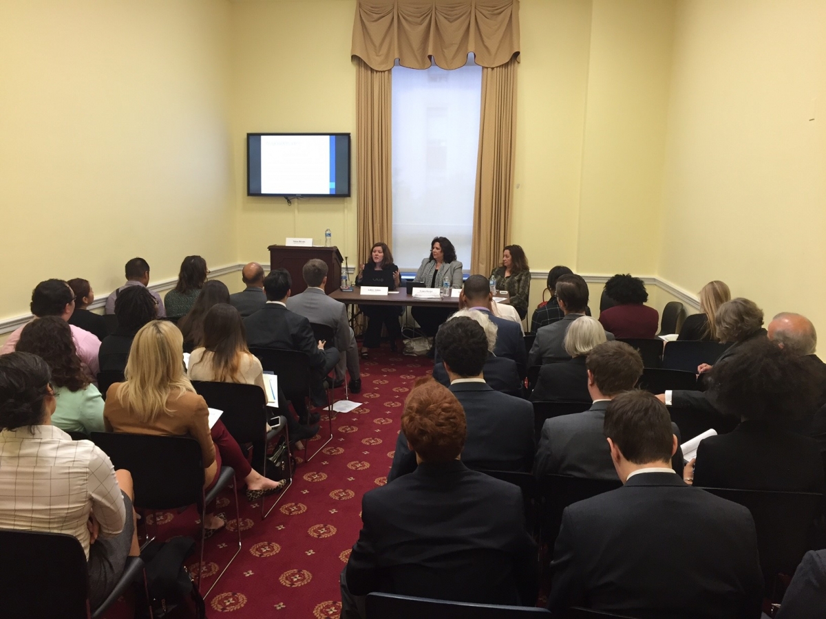 Figure 2 Panelists Ashley Atkins, Ph.D., Johnson & Johnson, Laura Krejci, VA-Office of Patient Centered Care and Marete Wester, Americans for the Arts address Congressional staff at the Rayburn House Office Building.