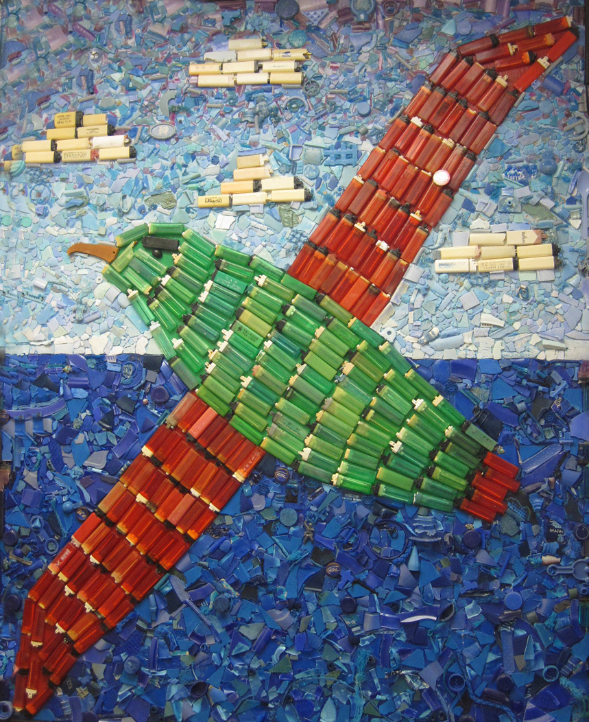 Albatross mosaic made from plastics collected on Midway Island, (C. Northon, June 4, 2012)