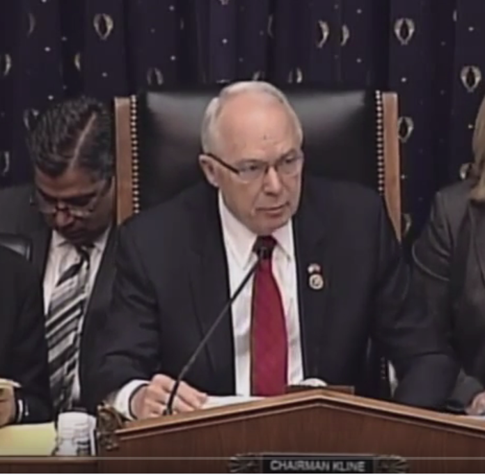 House Chairman Kline (R-MN) during markup of H.R. 5, the Student Success Act, earlier this spring. He is expected to chair the conference committee.