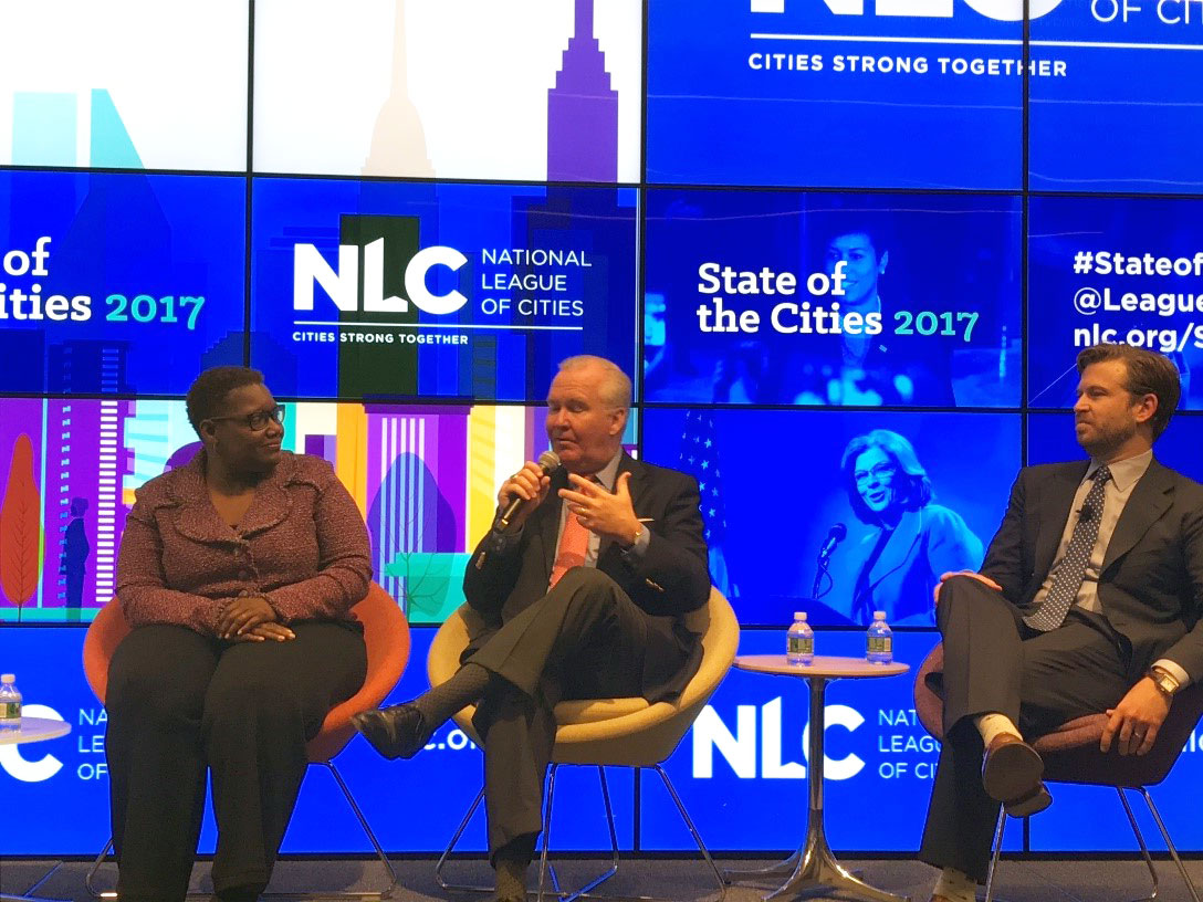 Gary, IN Mayor Karen Freeman-Wilson, Tampa, FL Mayor Bob Buckhorn, and NLC Senior Executive & Director, Center for City Solutions Brooks Rainwater at the State of the Cities Press Conference. 