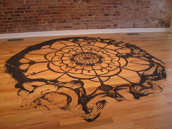 "Birdseed Doily" by Jessica Witte. 9 feet, nyger seed. Good Citizen Gallery, St. Louis, 2009. Photo by Jessica Witte.